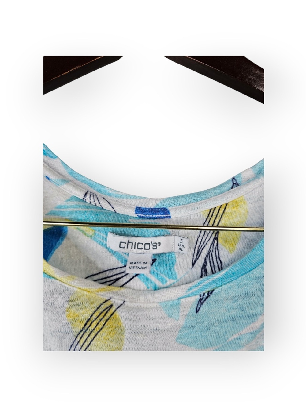 Chico's 100% Linen Leaf Print Flutter Sleeve Top Blue Yellow White Size 3 XL - Picture 4 of 6